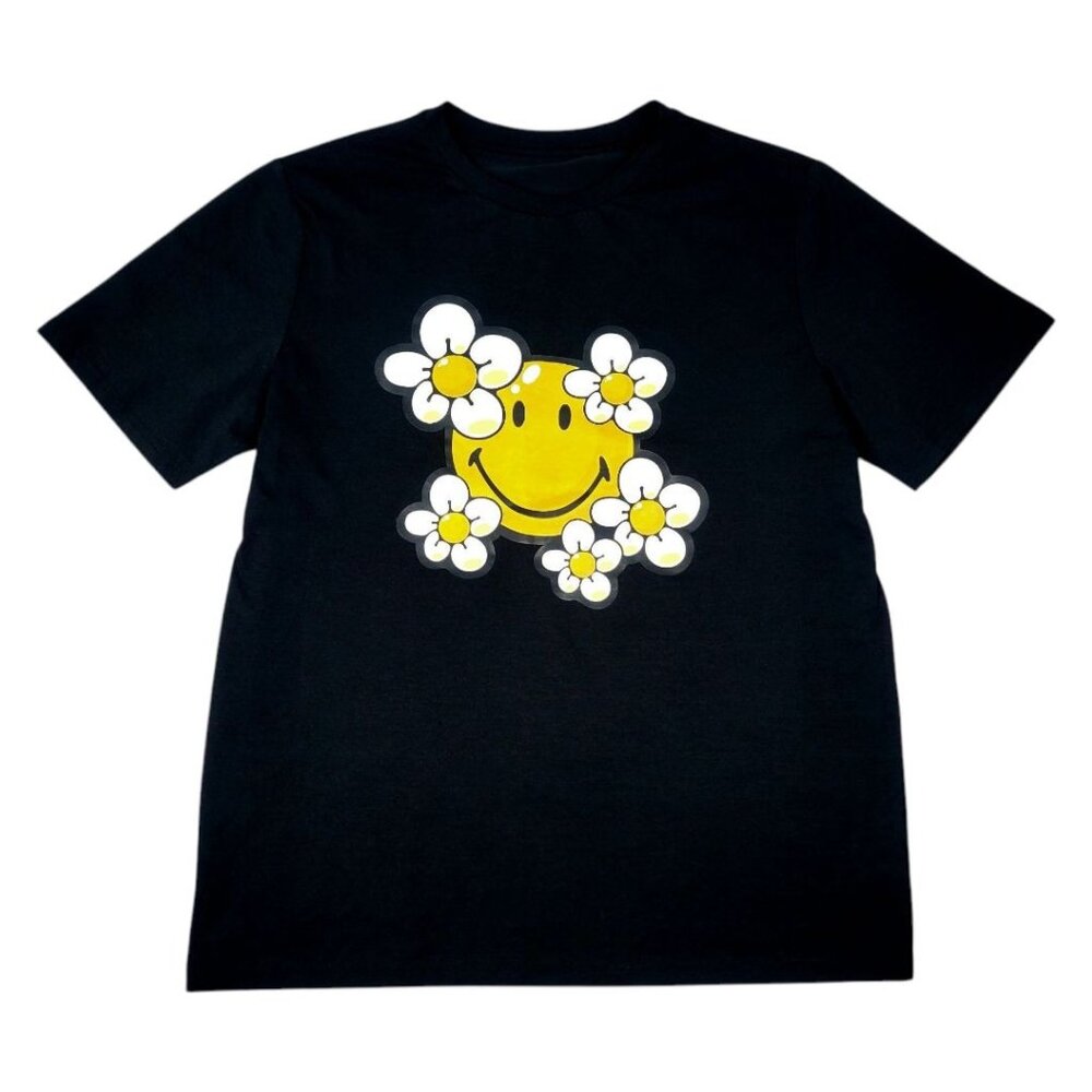 XL Smiley Face & Daisy Graphic Black T-Shirt Short Sleeve Cotton Casual Crewneck